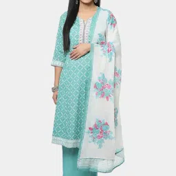 Biba Green Cotton Printed Kurta Palazzo Set With Dupatta-picture-10