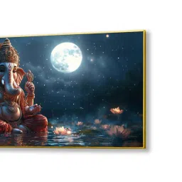 Nestroots Multicolor Canvas Lord Ganesha In Divine Moon Wall Painting - White Floating Frame image 3