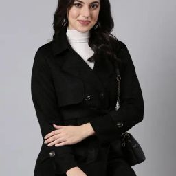 SHOWOFF Black Regular Fit Trench Coat With Belt-image-83
