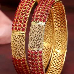 Zeneme Gold Plated & Red Pearl Studded Filgree Handcrafted Bangles for Women Set of 2-image-66