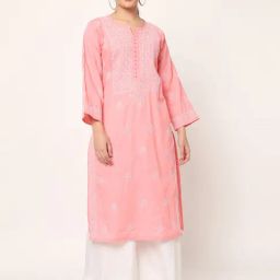 PARAMOUNT CHIKAN Coral Cotton Embroidered Straight Kurta-image-86