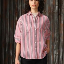 High Star Pink & Black Cotton Striped Oversized Shirt-image-56