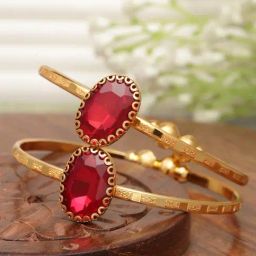Zeneme Gold Plated Red CZ Studded Cuff Bracelets Openable Bangles for Women Set of 2-23