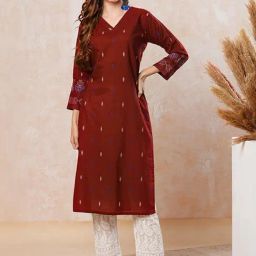 Fashor Maroon Cotton Printed Straight Kurta-image-8