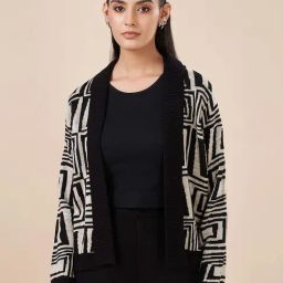 Akkriti by Pantaloons Black & Beige Jacquard Cardigan-image-60