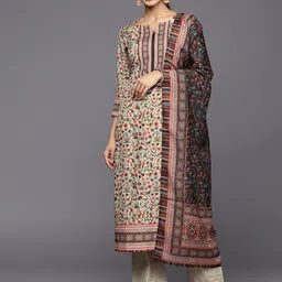 Libas Women Tan Floral Printed Kurta with Trousers & With Dupatta-image-53