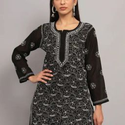 PARAMOUNT CHIKAN Black Cotton Embroidered Straight Kurti-11