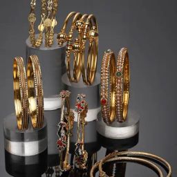 Zeneme Gold Plated Stone Studded Brass Bangle Set of 12-11
