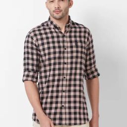 Giordano Beige Cotton Slim Fit Checks Shirt-image-48