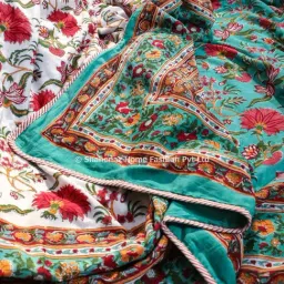 Shahenaz Sunderban Poppies Floral Turquoise Cotton Double Reversible Dohar-picture-22