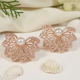 I Jewels Rose Gold-Plated Artificial Stones Studded And Beaded Floral Shaped Studs-image-16