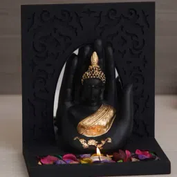 eCraftIndia Black & Golden Polyresin Palm Buddha Showpiece with Fragnanced Petals and Tealight-image-84