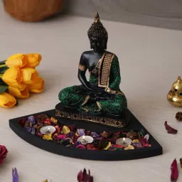 eCraftIndia Green & Golden Polyresin Meditating Buddha Showpiece & Fragnanced Petals and Tealight-image-39