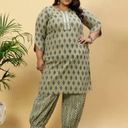 Jaipur Kurti Green Printed Plus Size Kurta With Afghani Salwar-picture-4