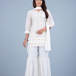 SANCIA Floral Embroidered Sweetheart Neck Sequinned Kurti With Sharara And Dupatta-image-98