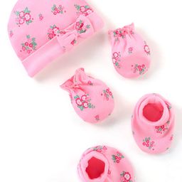 Babyhug 100% Cotton Knit Cap Mittens And Booties Floral Printed - Pink-image-79