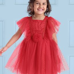 Mark & Mia Sleeveless Knee Length Party Dress with Net Detailing & Floral Applique - Red-image-56