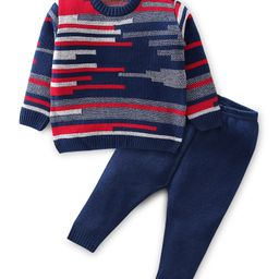 Babyhug Knitted Full Sleeves Striped Sweater & Pajama Set - Navy Blue-image-48