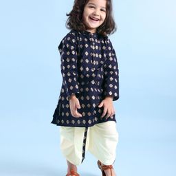 Babyhug 100% Cotton Knit Foil Printed Full Sleeves Kurta with Dhoti Set - Navy Blue-image-83