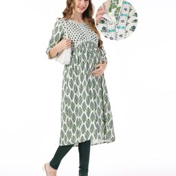 Bella Mama 100% Viscose Woven Three Fourth Sleeves Floral Printed Maternity Kurta with Highlighted Yoke  - Off White-picture-22