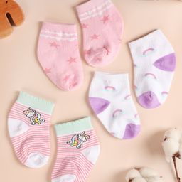 Kicks & Crawl Cotton Pack of 3 Striped & Stars Printed Flat Socks - Pink-picture-10