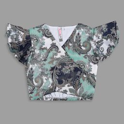 Actuel Frill Sleeves Floral Printed Crop Top - Green Blue & White-image-76