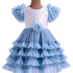Bluebell Tissue Frill Sleeves Sequinned Hearts & Corsage Detailing Layered Party Frock - Light Blue-image-35