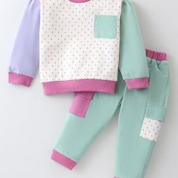 ToffyHouse 100% Cotton Knit Full Sleeves Color Block T-Shirt & Lounge Pants Set With Polka Dots Print - White Sea Green & Lilac-image-53
