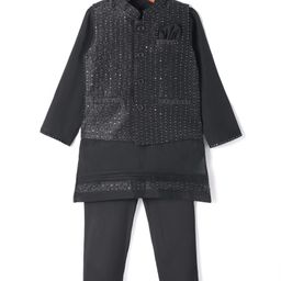 Robo Fry Silk Woven Full Sleeves Solid Colour Kurta Pyjama Set with Sequined Embroidered Nehru Jacket - Black-picture-40
