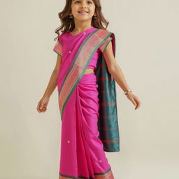 Babyhug Silk Woven Half Sleeves Blouse & Saree with Zari Border - Dark Pink-image-2