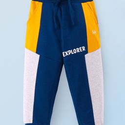 Honeyhap Premium100% Cotton Knit Full Length Colour Block Track Pant with Text Print - Navy Peony White Melange & Golden Cream-image-30
