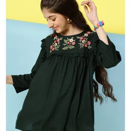 ISHTI Three Fourth Sleeves Frill Detailed Floral Embroidered Top - Bottle Green-picture-24