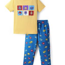 Pine Kids Single Jersey Knit Half Sleeves Night Suit with Robot Print - Yellow & Blue-image-92