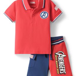 Babyhug Marvel Single Jersey Knit Half Sleeves Polo T-Shirt & Shorts Set With Avengers Graphics - Red & Blue-image-36
