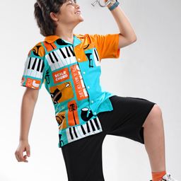 OLLINGTON ST. Cotton Knit Musical Instrument Printed Half Sleeves Shirt & Knit Shorts with Musical Instrument Printed - Light Blue & Black-image-4