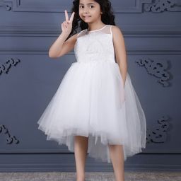 Toy Balloon Kids Sleeveless Floral Applique Detailed & Sequins Embellished High Low Dress - White-image-63