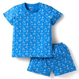 Bodycare Cotton Knit Half Sleeves T-Shirt & Shorts Co-Ord Set With Space Theme Print - Blue-picture-14