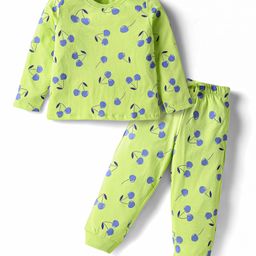 Honeyhap Premium 100% Cotton Knit Full Sleeves Co-ords Night Suit With Bio Finish & Cherry Print - Sunny Lime-picture-21