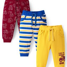 Doodle Poodle 100% Cotton Full Length Stripes & Vehicles Printed Lounge Pants Pack Of 3 - Wine Blue & Yellow-image-77