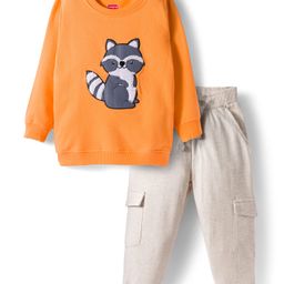 Babyhug Terry Knit Full Sleeves T-Shirt and Joggers Set With Racoon Patch Embroidery - Orange & Offwhite-picture-10