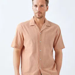 RARE RABBIT Men Comfort Boxy Fit Textured Cuban Collar Cotton Casual Shirt-image-0