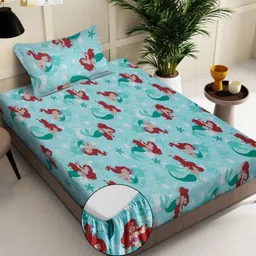 KLOTTHE Turquoise Blue Printed 400 TC Pure Cotton Fitted Single Bedsheet & 1 Pillow Covers-image-23