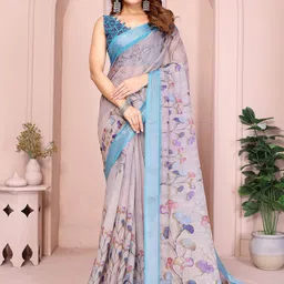 PAMPER YOURSELF Floral Zari Linen Blend Saree-image-67