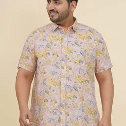 John Pride Plus Size Men Animal Printed Spread Collar Linen Casual Shirt-38