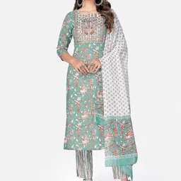 GULMEHAK Women Floral Embroidered & Mirror Work Cotton Kurta with Trousers & Dupatta-picture-22