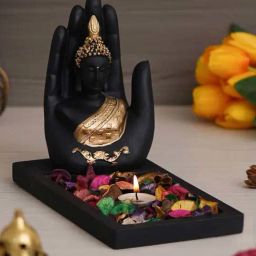 eCraftIndia Black & Golden Polyresin Palm Buddha Showpiece with Fragnanced Petals and Tealight-31