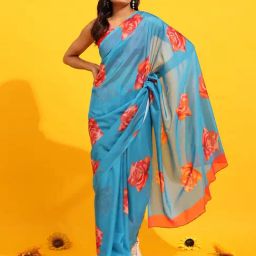 Silk Land Red & Blue Silk Floral Print Saree With Blouse-picture-27