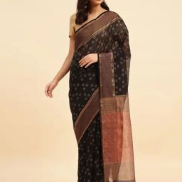 Fabindia Black Cotton Silk Blend Print Saree-image-47