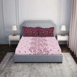Spaces Atrium Pink 100% Cotton 144 TC Fitted King Bedsheet with 2 Pillow Covers-image-63