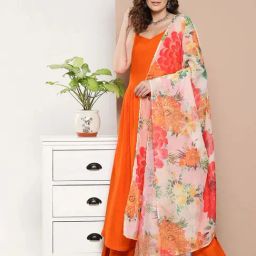 Inweave Orange Printed Kurta & Palazzo Set with Dupatta-image-1
